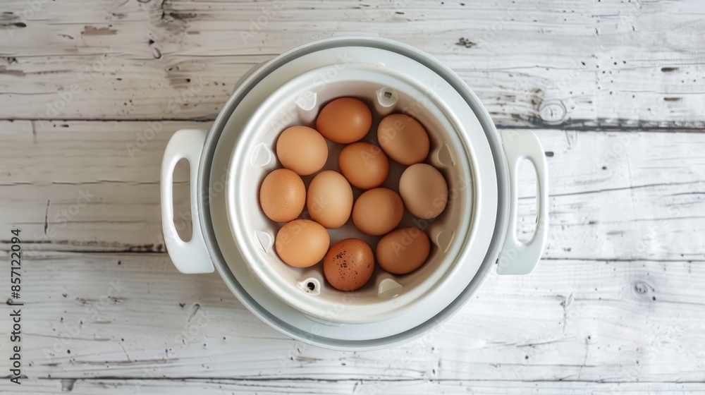 Poster a pot filled with eggs sits on top of a wooden table, simple and rustic scene