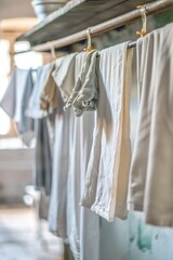 Fototapeta premium A row of clothes hanging on a clothesline, everyday scene