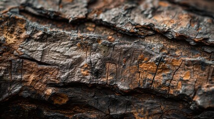 The image depicts a close-up view of a rough, textured tree bark with various shades of brown and rough patterns.
