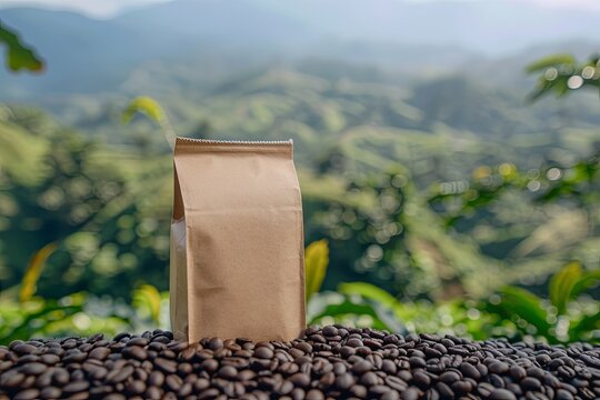 coffee bag standing directly on coffee beans on coffee plantation background, mockup for branding