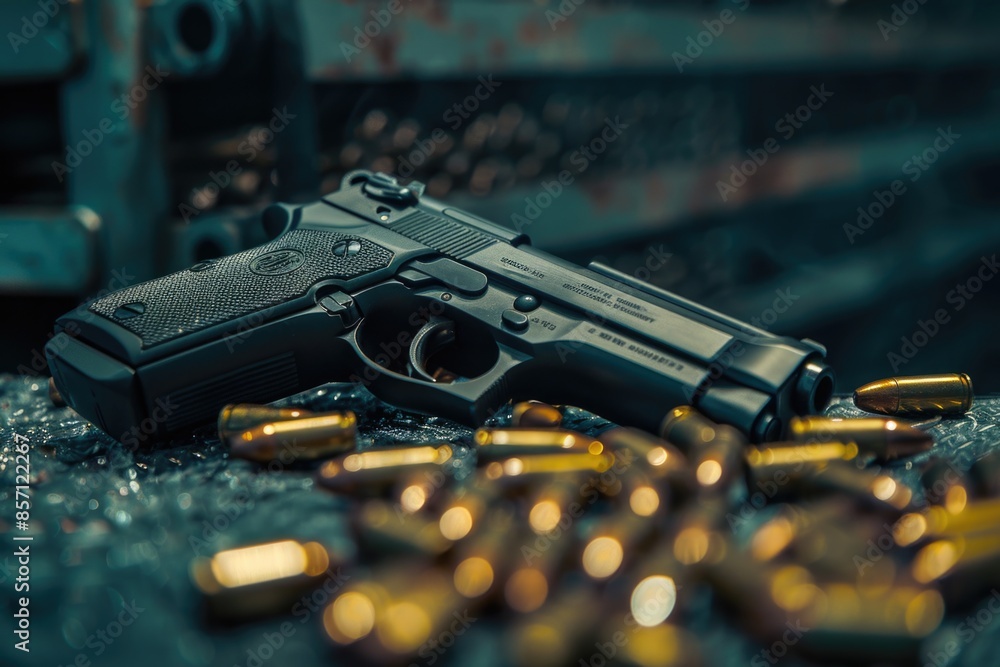 Aufkleber a gun placed on a table surrounded by empty bullet casings, often used in crime scene or investigati