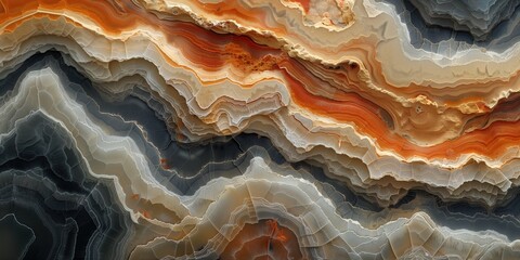 Obraz premium A close-up view of a natural agate stone reveals intricate layers of orange, brown, and gray mineral deposits, forming unique patterns