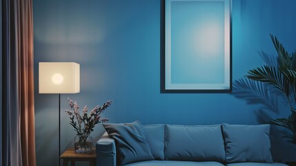Blue Room With Couch, Floor Lamp, And Houseplant