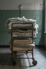 A cart filled with lots of white sheets