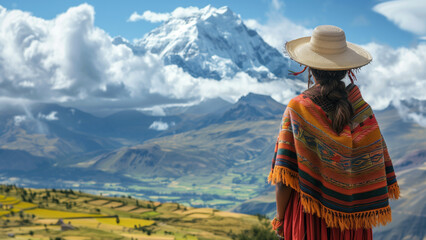 Woman in traditional attire standing in the foreground, gazing towards a majestic snow-capped peak partially covered by clouds