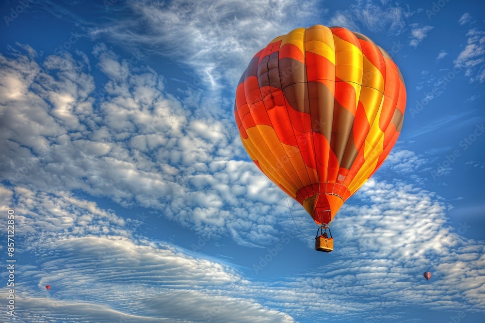 Poster Aerial photography of a hot air balloon soaring above the clouds, with a bright blue sky in the background