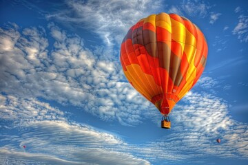 Fototapeta premium Aerial photography of a hot air balloon soaring above the clouds, with a bright blue sky in the background