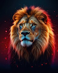 A close-up portrait of a majestic lion's head with a flowing mane