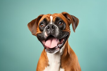Portrait of a happy boxer dog in front of scandinavian-style interior background