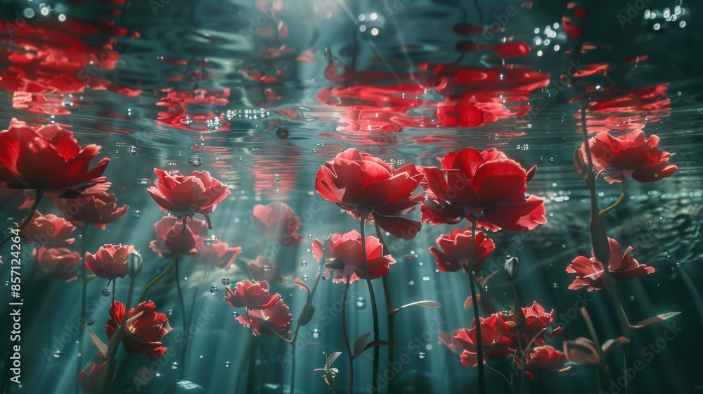 Poster a bouquet of red flowers floating peacefully on calm water, suitable for use as a background or elem