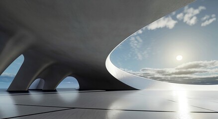 Modern architecture with sweeping curves creates a dynamic structure against a blue sky with clouds, the sun casting soft light and shadows on the surface