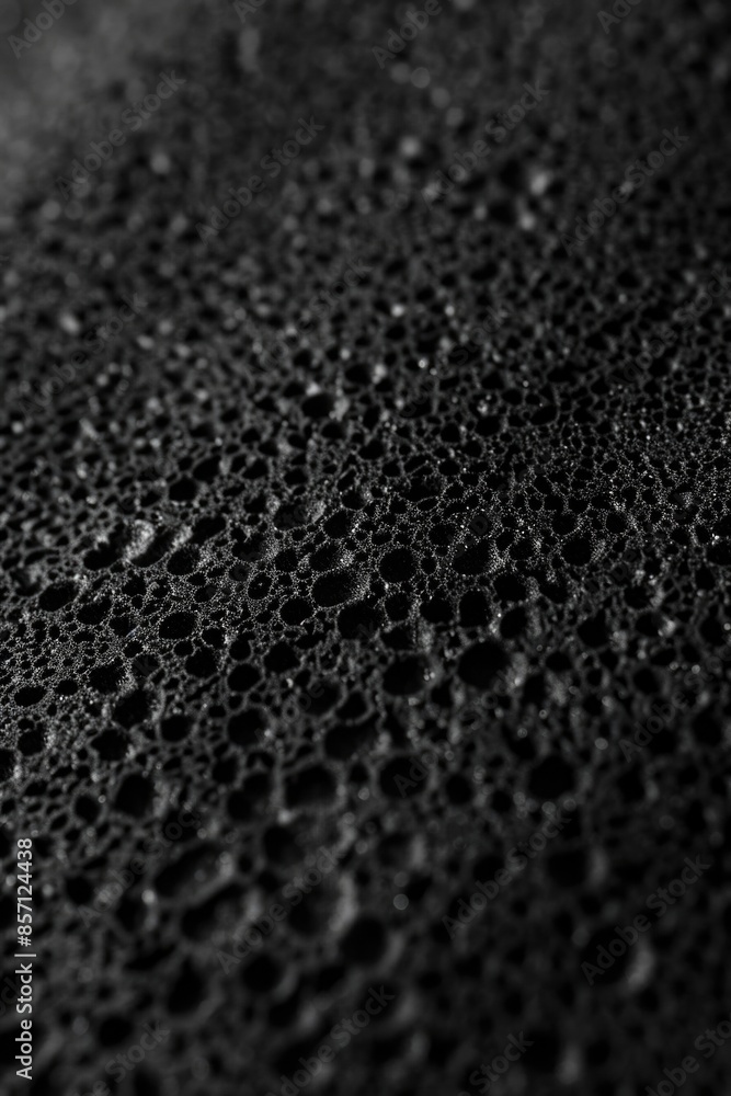 Poster Close-up view of water droplets on a black surface, suitable for use in science or technology contexts
