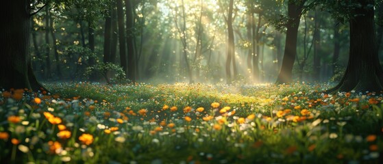 Obraz premium Sunbeams through Forest Glade.
