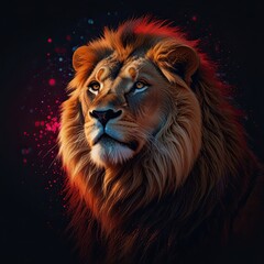 A close-up portrait of a majestic lion's head with a flowing mane