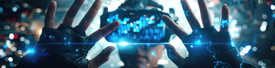 A person wearing a virtual reality headset with glowing blue effects interacts with their surroundings in an urban environment at night