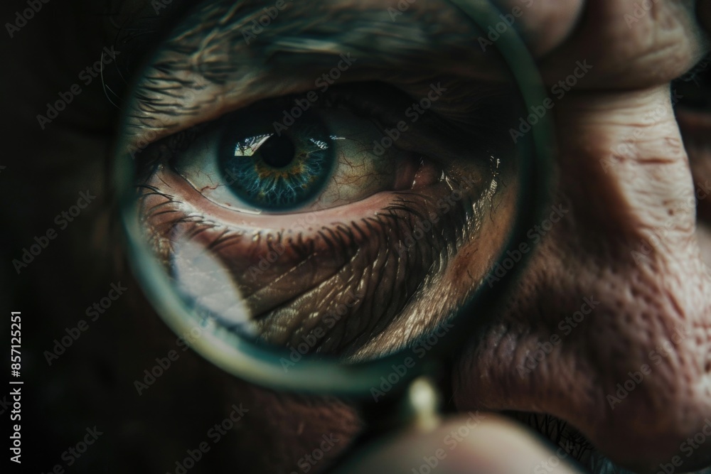 Poster a person examines something closely using a magnifying glass, suitable for science or detective-them