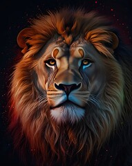 A close-up portrait of a majestic lion's head with a flowing mane