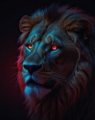 A close-up portrait of a majestic lion's head with a flowing mane