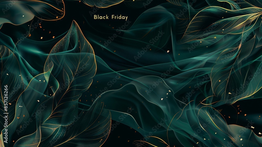 Poster Gradient from green to black with gold leaf patterns Black Friday text in script background