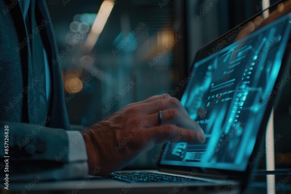 Poster close-up of a person working on their laptop, suitable for use in articles about productivity or tec