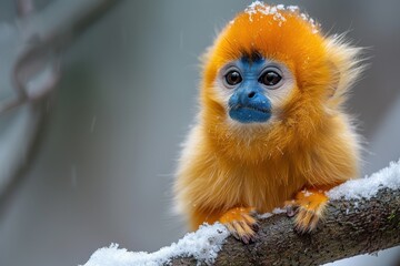 A Golden snub-nosed monkey sitting in a tree in a snowy forest, its bright blue face and golden fur stark against the white backdrop. 