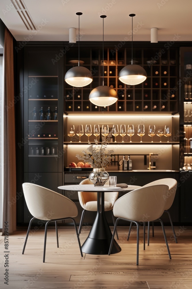 Poster a furnished dining room with a table and chairs, suitable for various uses