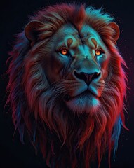 A close-up portrait of a majestic lion's head with a flowing mane