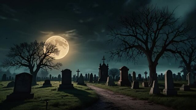 Old church in the middle of old cemetery at night with full moon