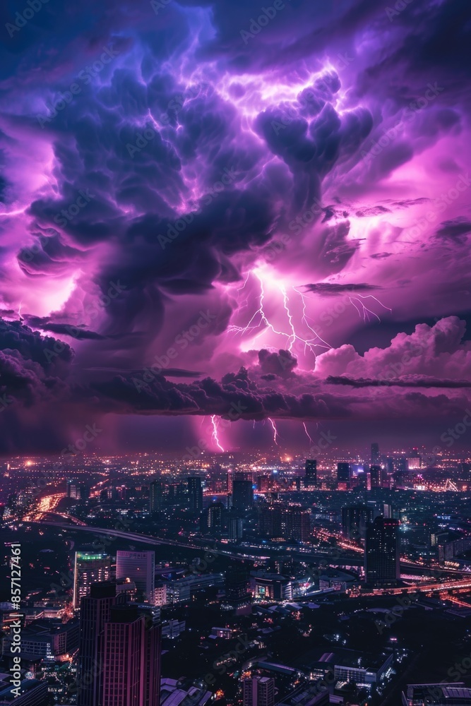 Wall mural a dark purple and black sky filled with lightning, ideal for use in scenes depicting ominous weather