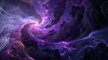 Ethereal black and violet patterns with glowing particles Black Friday text. background