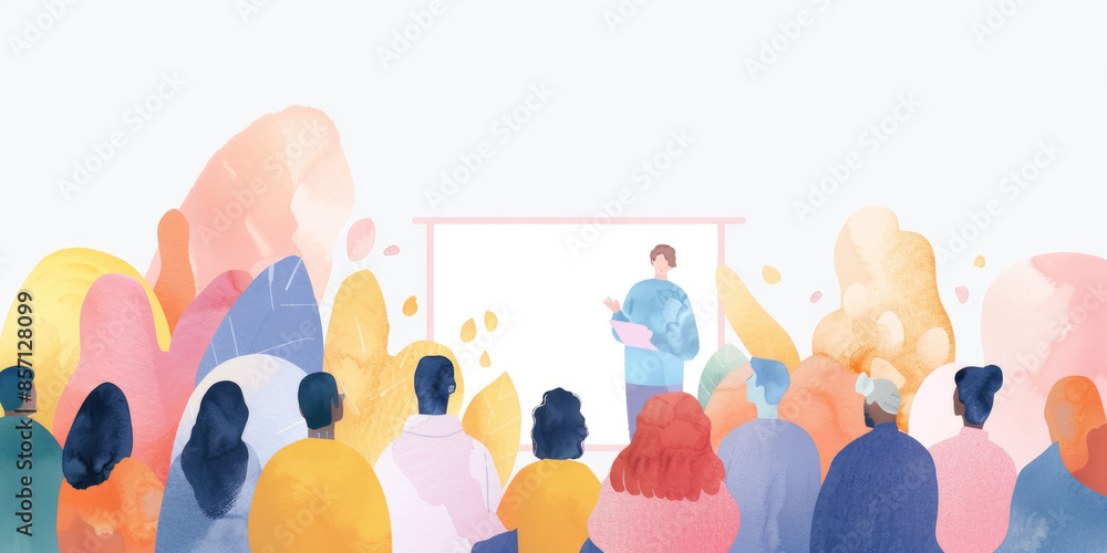 Poster a group of diverse individuals listen intently to a speaker presenting in front of a blank whiteboar