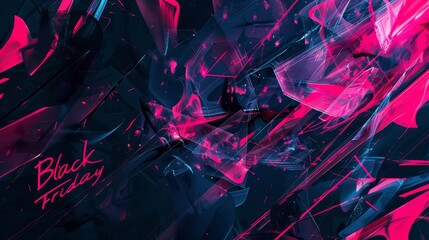 Dark indigo and black with glowing pink lines Black Friday in bold font. background