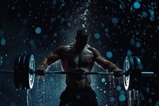 A man lifts a weightlifting barbell in the rain, an outdoor fitness scene