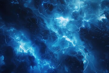 Obraz premium A dramatic scene of lightning illuminating the dark blue sky, with thunderstorm clouds as backdrop