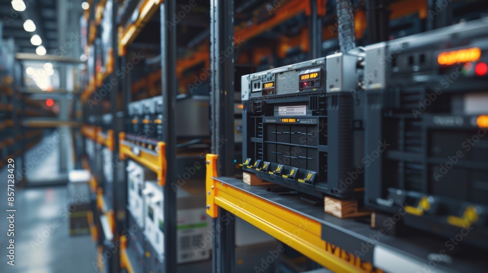 Poster Warehouse storage with electronic equipment on racks, suitable for use in marketing materials or as a background image