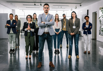 Fototapeta premium Portrait of young CEO businessman standing with his hands crossed in front of his colleagues.