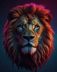 A close-up portrait of a majestic lion's head with a flowing mane
