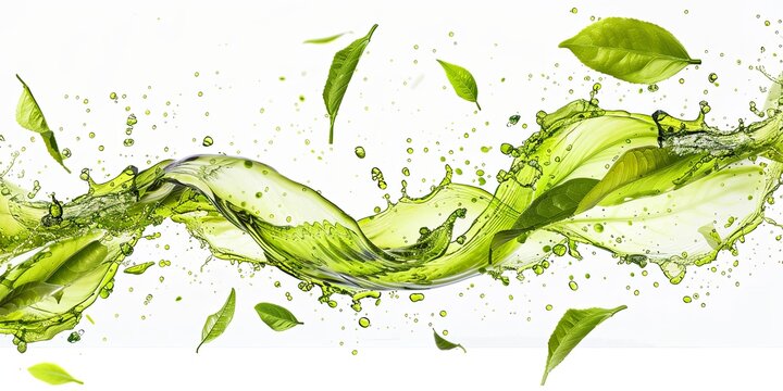 green tea leaves in green tea splash on white background, food levitatio