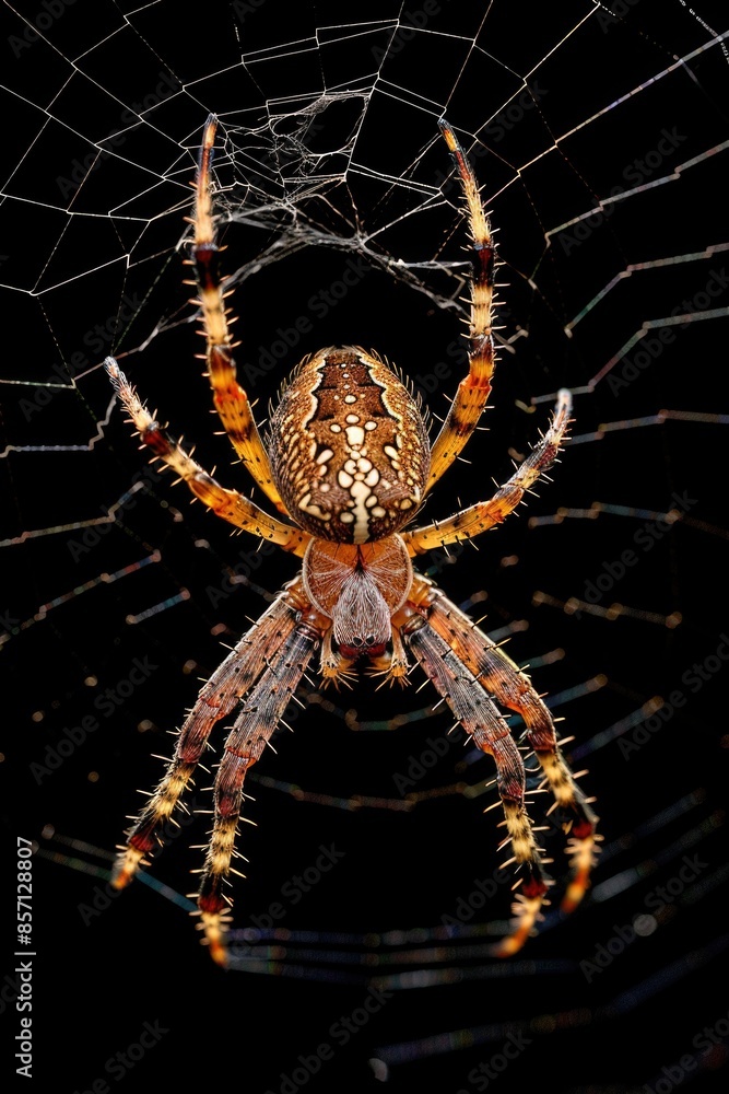 Poster A close-up view of a spider sitting on its web in the dark