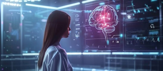 Woman Observing Digital Brain Model on Screen