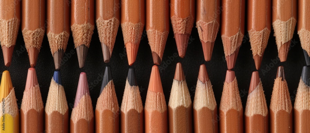 Wall mural close-up of a row of sharpened colored pencils of various shades of brown and beige, arranged vertic