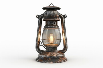 A worn-out lantern with a glowing candle inside, providing warm light in a dark setting
