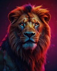 A close-up portrait of a majestic lion's head with a flowing mane