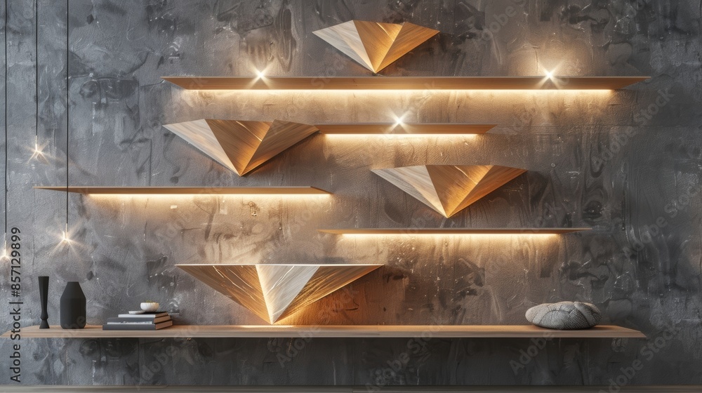 Poster a set of suspended shelves in the shape of diamonds giving the illusion of items floating in midair.