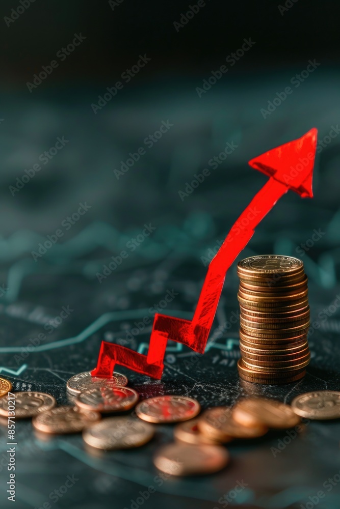 Poster a stack of coins with a red arrow pointing upwards, ideal for use in illustrations or graphics about