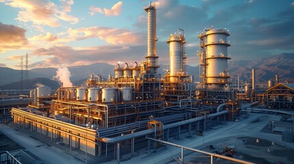 Obraz premium Industrial Complex At Sunset With Mountains In Background