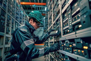 A man wearing a hard hat and protective gear works on a machine, likely in an industrial setting