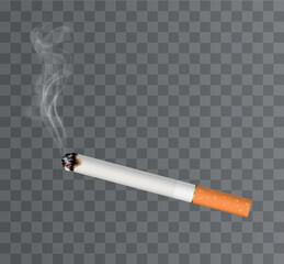 Vector realistic cigarette illustration with smoke isolated on dark grey background