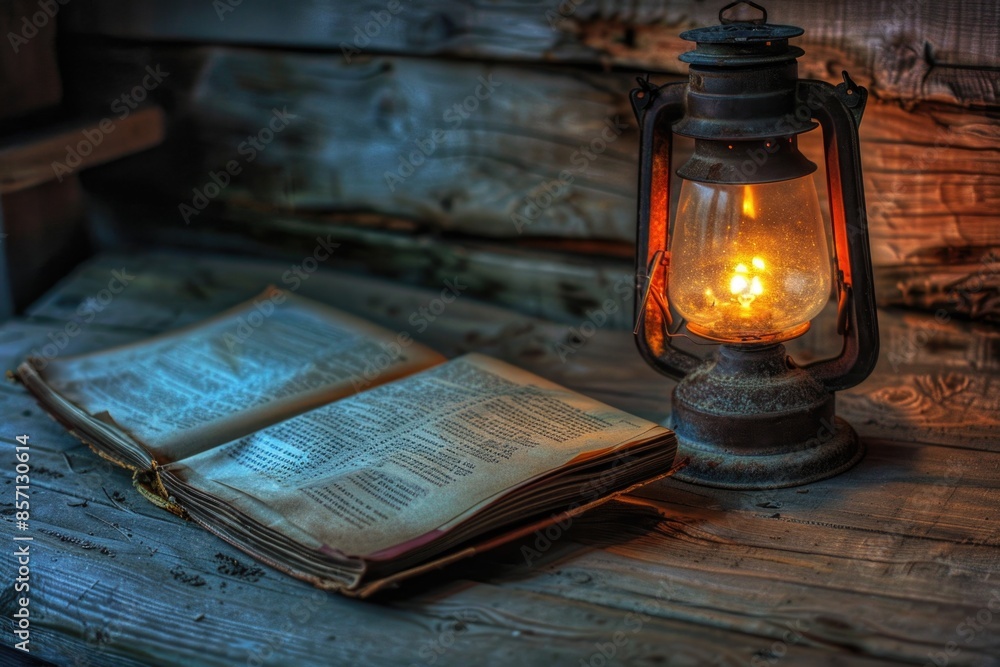 Poster A lantern and an open book sit on a wooden table, providing a cozy atmosphere for reading or contemplation