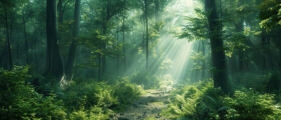 Obraz premium Sunbeams through a Lush Forest.